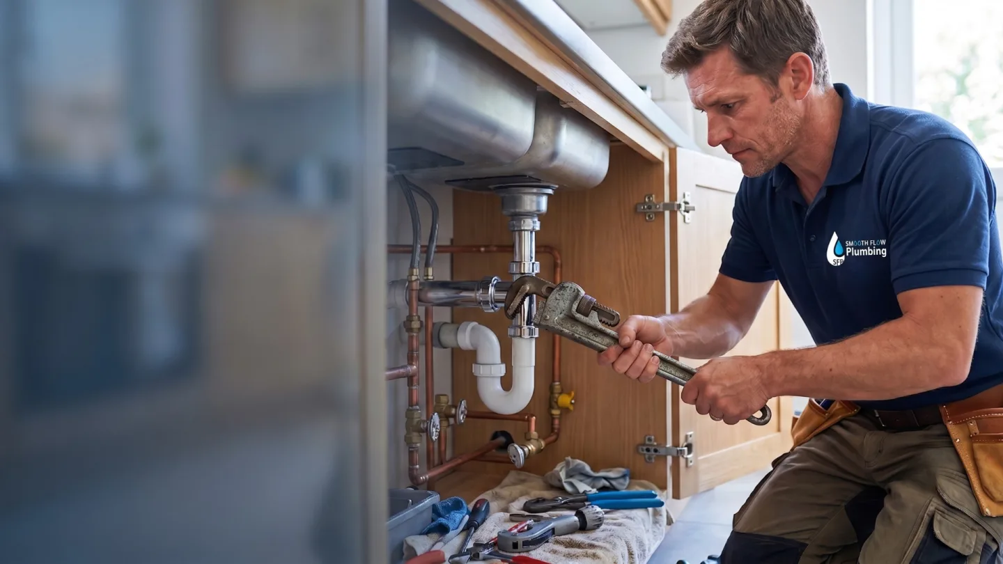 Smooth Flow Plumbing service vehicle and plumber on site